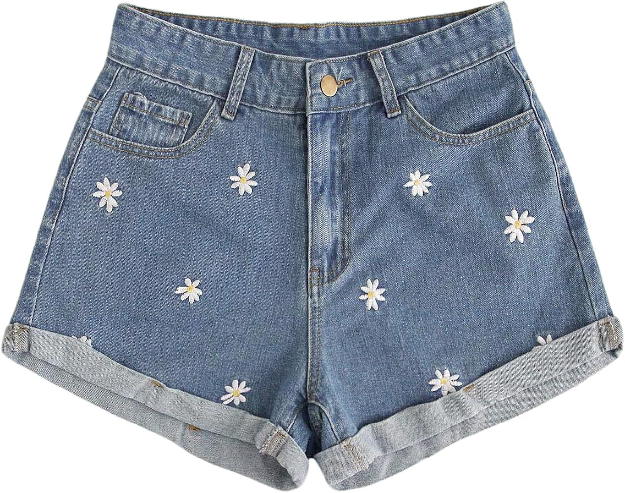 OYOANGLE Women's Floral Denim Shorts Zipper Fly Wide Leg Embroidered Jean Shorts with Pockets | Amazon (US)
