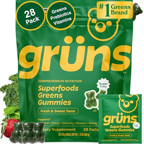 Gruns Adult Sugar-Free Super Greens Multivitamin Gummies, Superfood Gummy Vitamins for Women and Men with Spirulina, Chlorella, Adaptogens & Prebiotic Fiber for Digestive Health (28 Count) | Amazon (US)