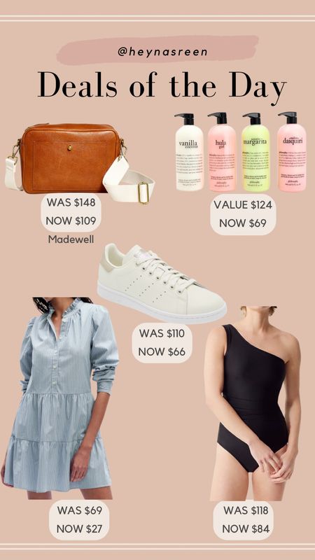 Daily deals on Madewell camera bag, Philosophy body wash set, Adidas sneakers, J.Crew bathing suit, Gap dress 

#LTKsalealert