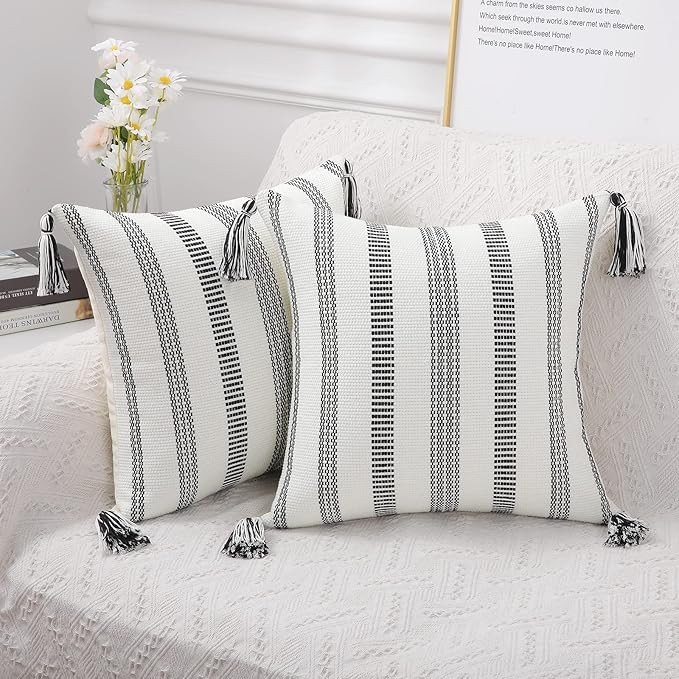 Smile Bee Boho Throw Pillow Covers Set of 2, Decorative Woven Striped Pillow Covers with Tassels,... | Amazon (US)