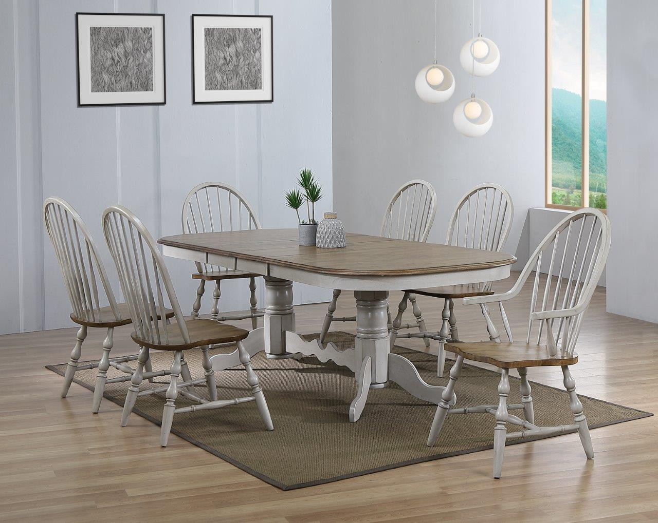 Country Grove Distressed Gray and Brown Wood 7 Piece Double Pedestal Extendable Dining Table Set | 1stopbedrooms
