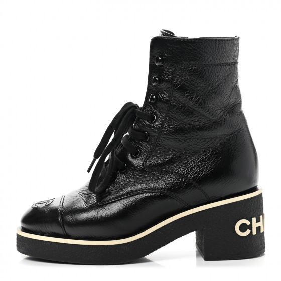 CHANEL Shiny Crumpled Lambskin Lace Up Combat Boots 35 Black | Fashionphile