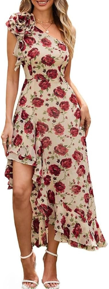 GRACE KARIN Womens Summer One Shoulder Sleeveless Dresses Floral Flowy Ruffle High Low Wedding Gu... | Amazon (US)