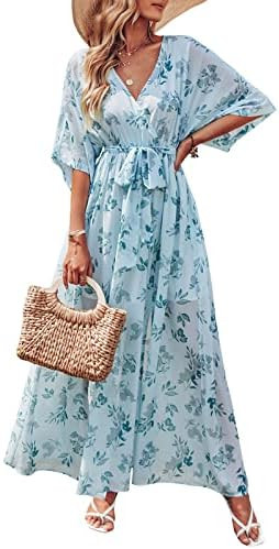 ANRABESS Womens 1/2 Sleeve Beach Wedding Guest Maxi Dresses 2026 Summer Wrap V Neck Boho Floral F... | Amazon (US)