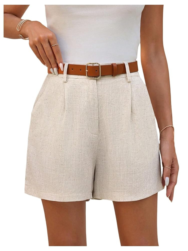 SweatyRocks Women's Linen Shorts High Waisted Straight Leg Pleated Dressy Shorts with Pockets | Amazon (US)