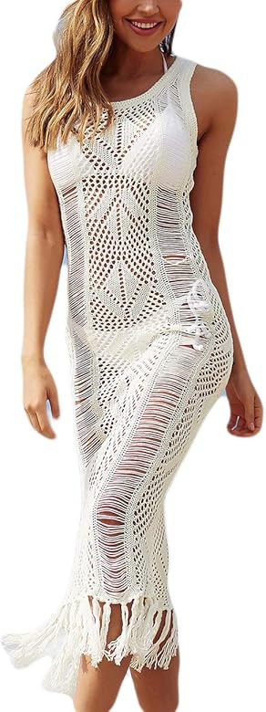Bsubseach Women Lace Up V Neck Long Sleeve Crochet Swimsuit Cover Up Dress | Amazon (US)