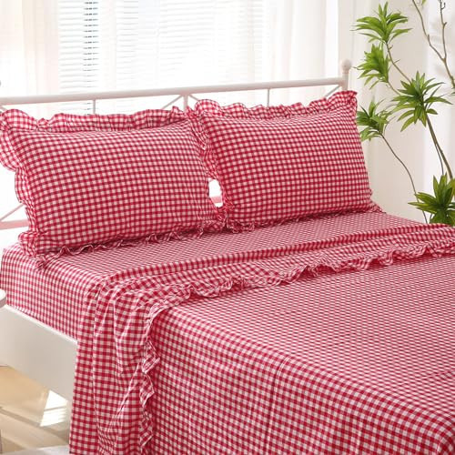 K MASANIJI Red White Plaid Ruffle Sheets Queen Size 4-Piece Set, 300TC 100% Yarn Dyed Cotton Sheets 18 in Deep Pocket Classic Gingham Decorative Bedding (Red/White Plaid, Queen) | Amazon (US)