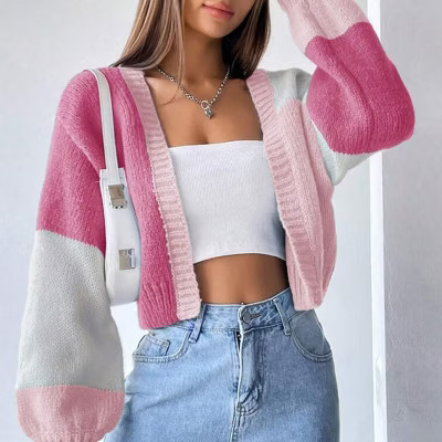 Women's Color Block Cropped Cardigan Open Front Long Sleeve Lightweight Knit Sweater Pink XXL | Target