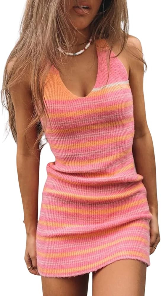 Halter Dress Knitted Sleeveless Bodycon Mini Dress Party Beach Sundresses for Women | Amazon (US)