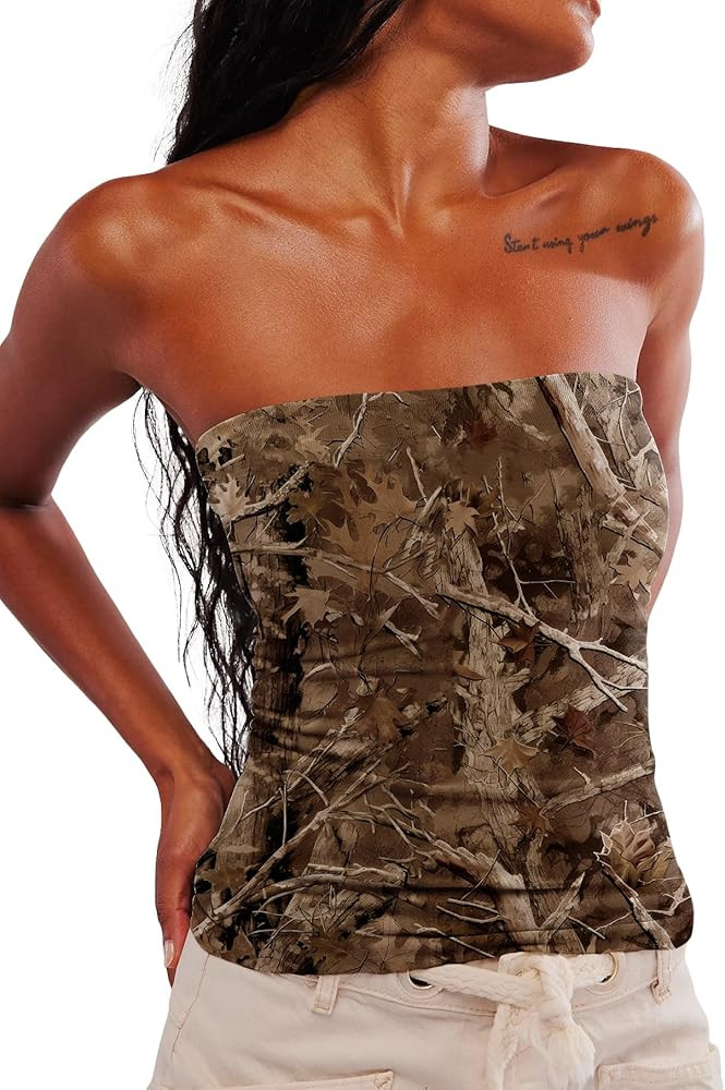 Cioatin Women Sleeveless Camo Maple Print Bandeau Tube Tops Y2K Strapless Slim Fit 2025 Summer Go... | Amazon (US)