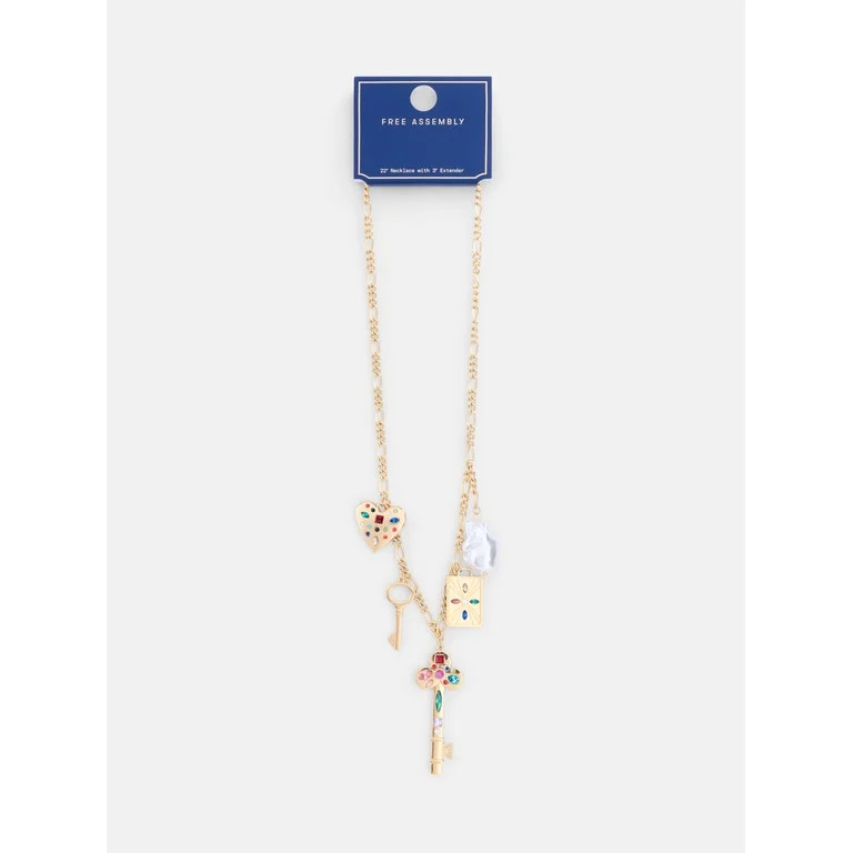 Free Assembly Women's Gold Tone Charm Necklace, 22" + 3" Extender | Walmart (US)