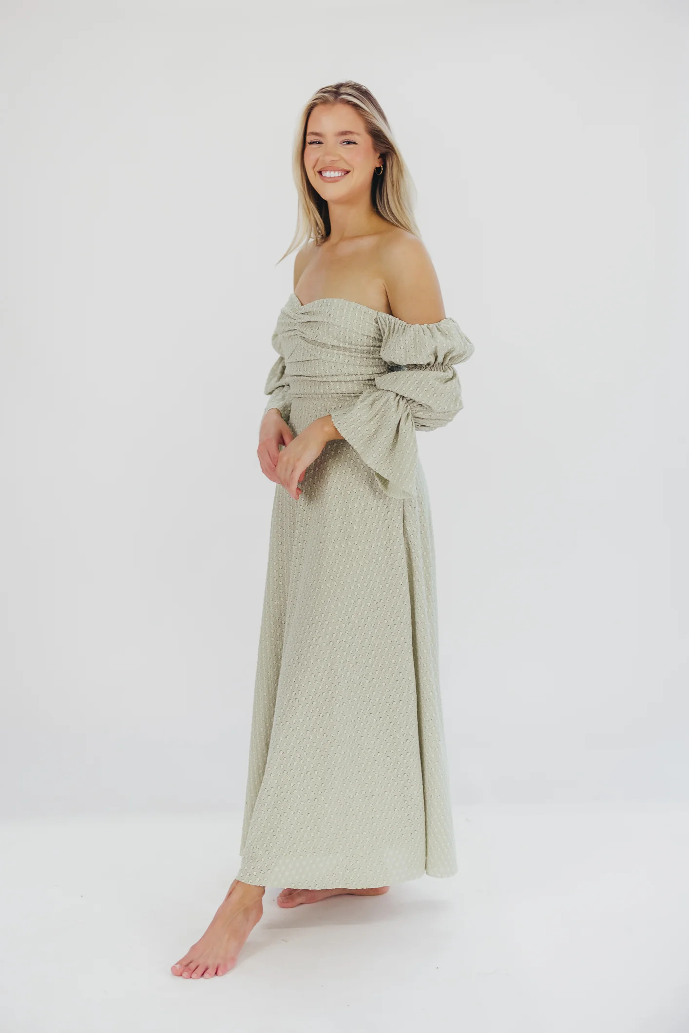 Corrine Tiered Sleeve Maxi Dress with Pockets in Light Olive Green - B | Worth Collective