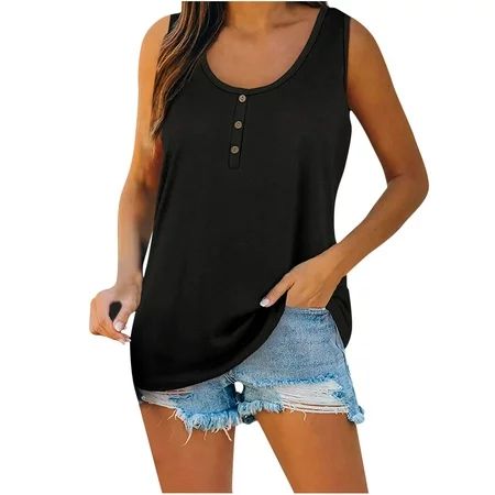 Rewenti Women Solid Button Round-Neck Blouse Casual Loose Summer Sleeveless Tank Black 8(L) | Walmart (US)
