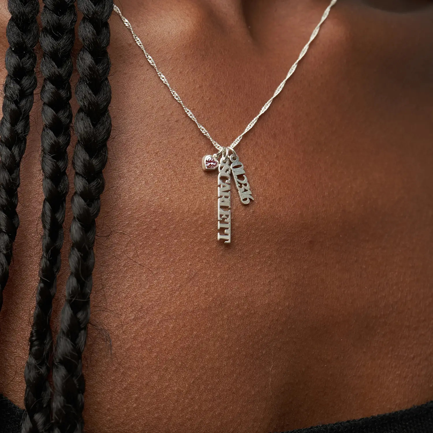 Singapore Chain Name Necklace With Heart Shaped Gemstone - Silver | Oak & Luna (US)