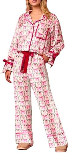 Luckinbaby Women Christmas Satin 2 Piece Pajamas Set Bow Tie Long Sleeve Shirts Pants Santa Claus... | Amazon (US)