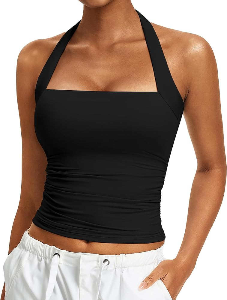 Avidlove Halter Tops for Women Summer Going Out Top Double Layer Square Neck Tank Top Ruched Slim... | Amazon (US)