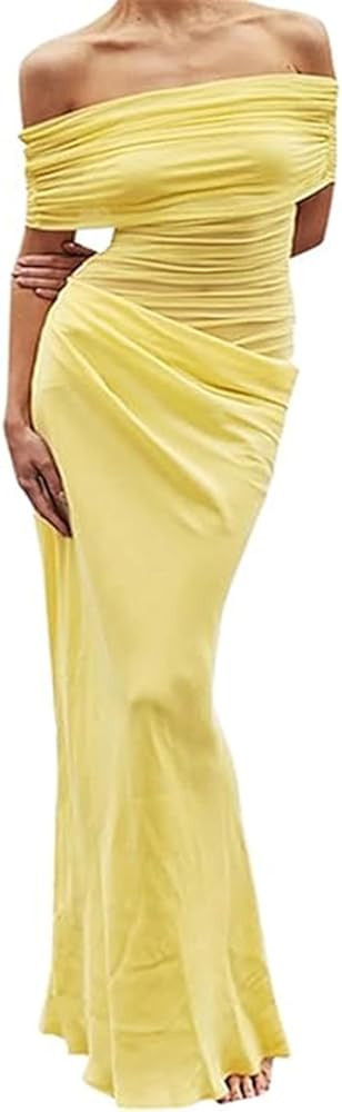 Women Sexy Off Shoulder Maxi Dress See Through Mesh Ruched Ruffles Paneled Bodycon Dress Y2K Part... | Amazon (US)