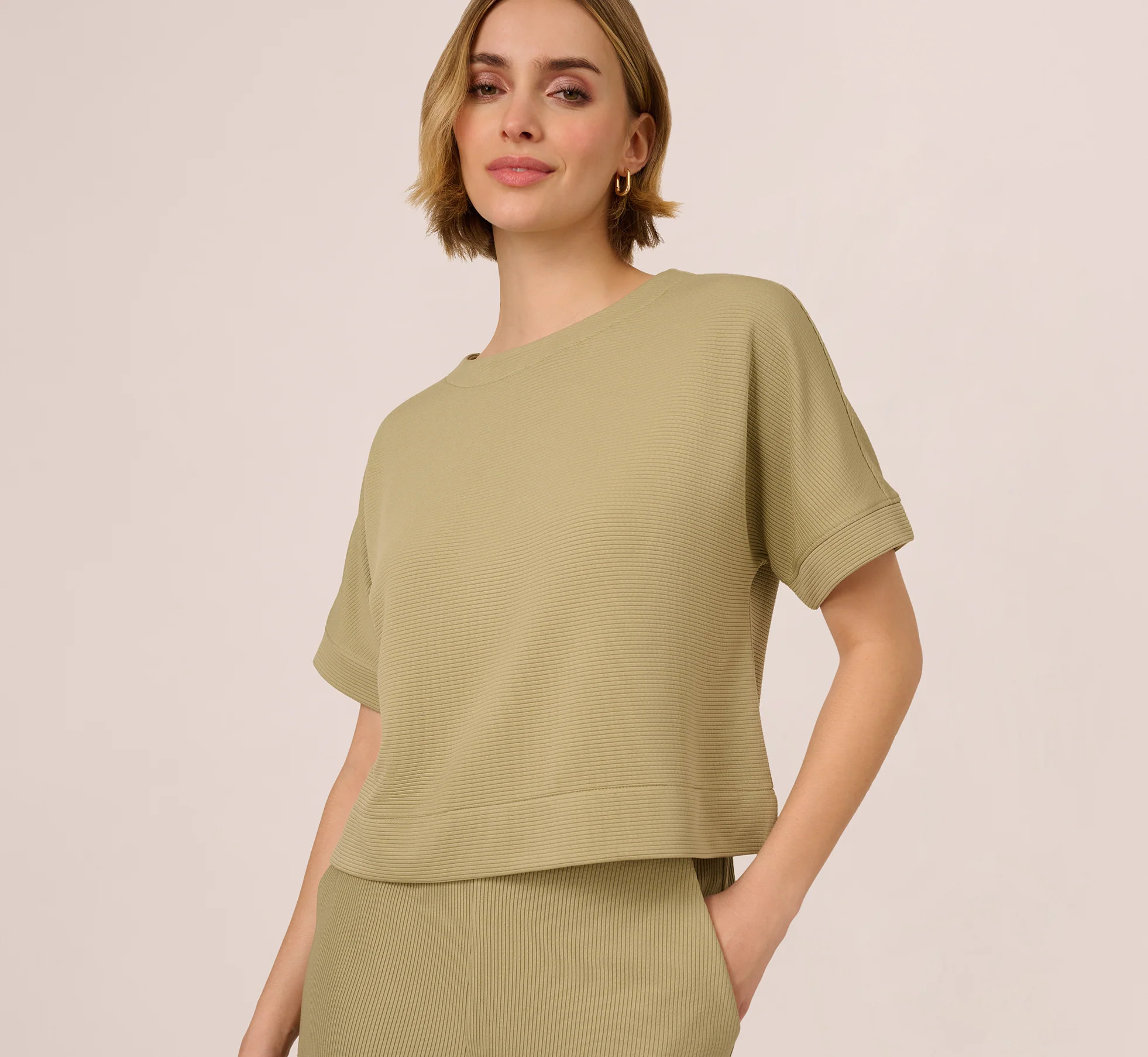 Short Sleeve Rib Knit Back Button Top In Dusty Sage Green | Adrianna Papell