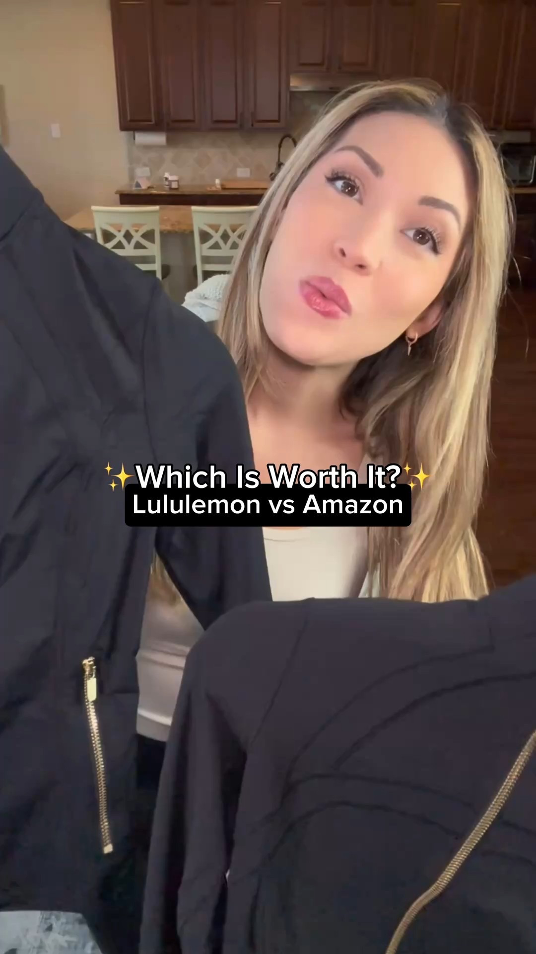 lemme know which you think is worth it?? 

Fiber content on shell 
Lululemon: Body 81% Nylon, 19% Lycra Elastane
Amazon: Body 75% Nylon, 25% Elastane

Now there are subtle differences, IMO it is mainly that the Lululemon is more of a matte brushed fabric and the Amazon one has more of a shine. There is more elastane in the Amazon one and technically elastane is more expensive than Nylon which puts it over Lululemon, but Lululemon is LYCRA Elastane which is higher quality that just elastane so… I’m not a fiber scientist, so which is worth it? Ultimately its really just do you prefer the slightly longer length, little baby hand covers, and more matte fabric of the Lulu for $128 Or the shorter and more shiny Amazon for less?
#amazonfinds #amazon #amazonstyle #inspiredby #fashionfinds 

#LTKFindsUnder50 #LTKFindsUnder100 #LTKStyleTip