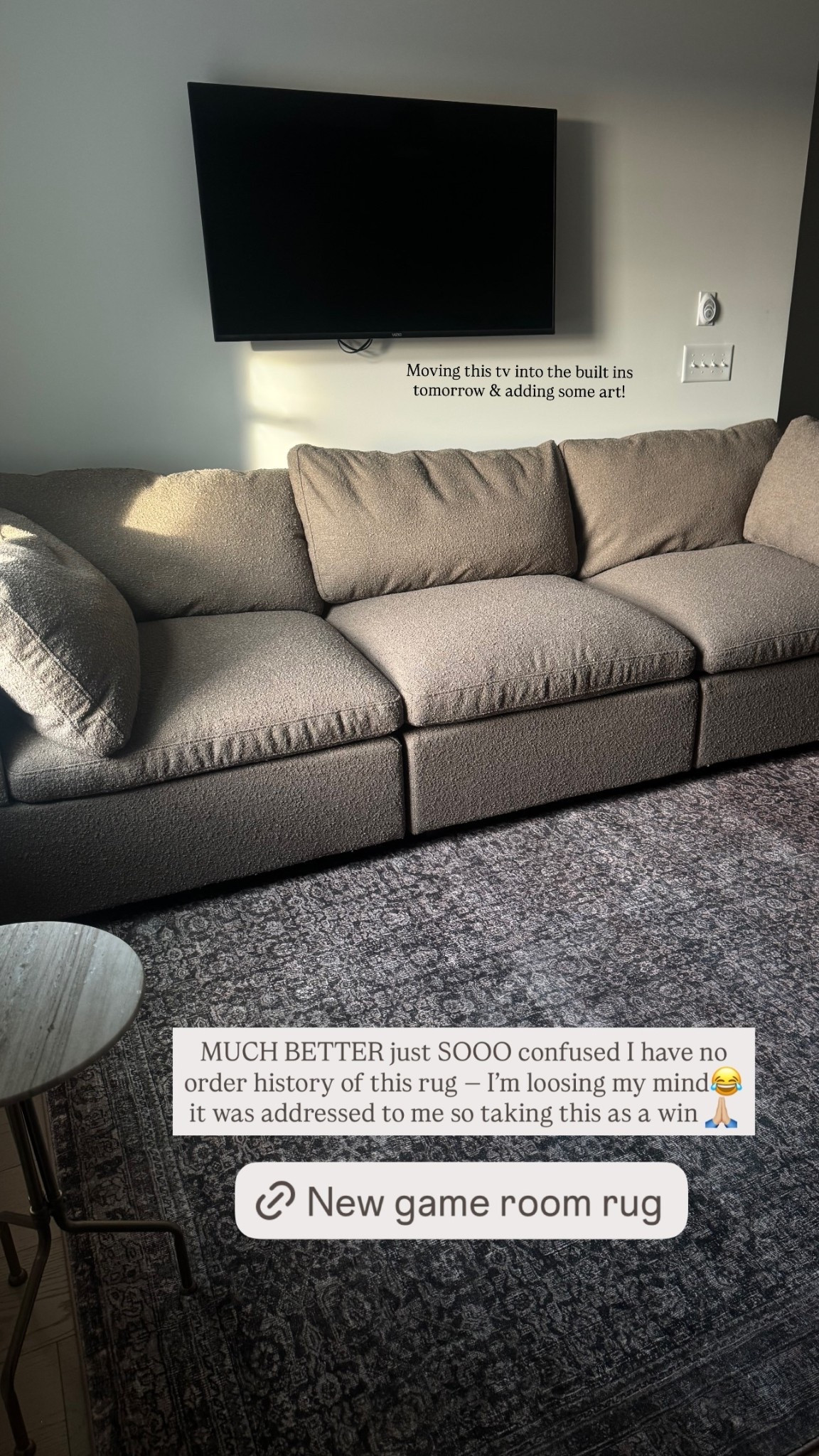 Moving this tv into the built ins tomorrow & adding some art!  MUCH BETTER just SOOO confused I have no order history of this rug — I’m loosing my mind😂 
it was addressed to me so taking this as a win 🙏🏼