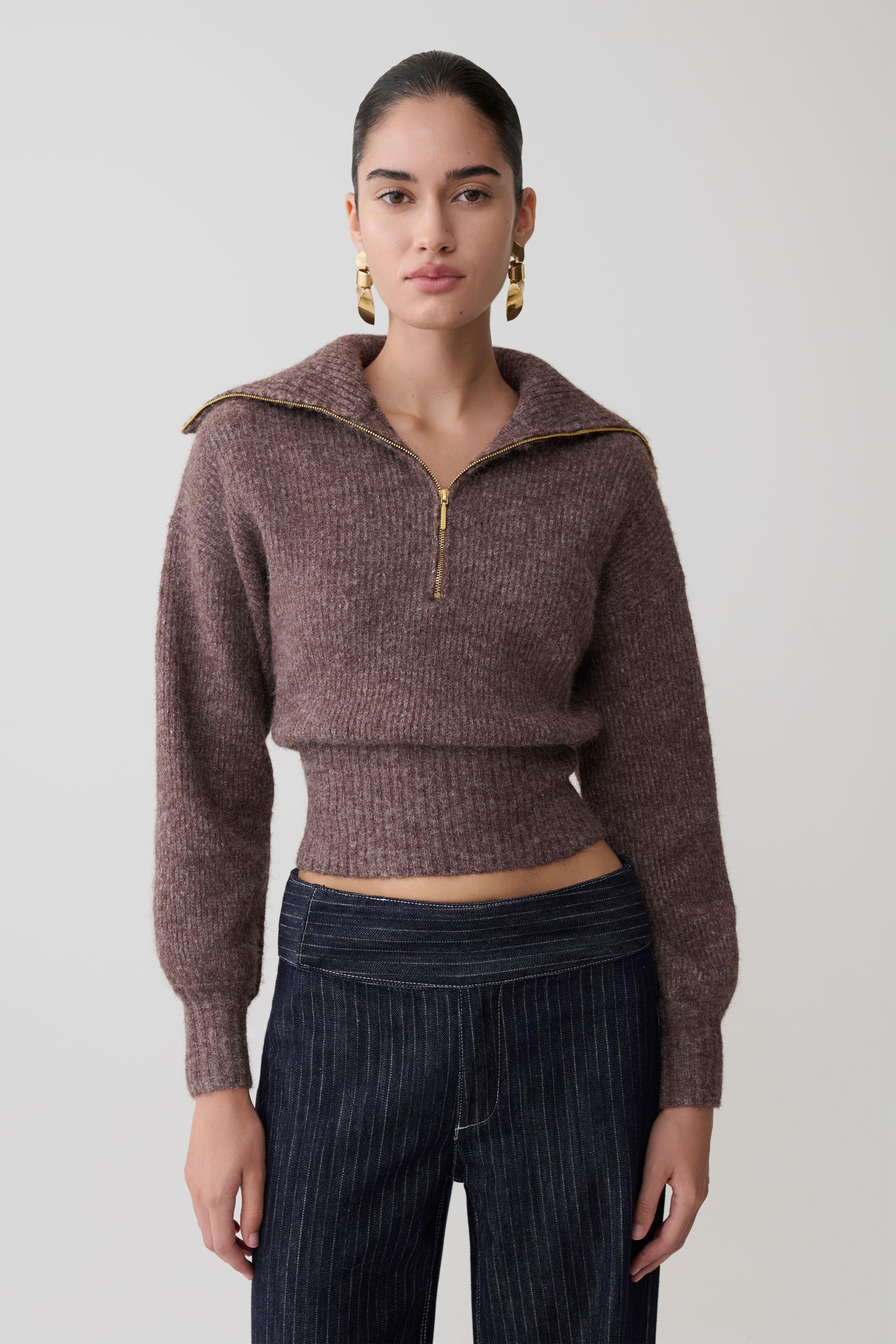 Zip Knit Jumper - Brown Marle | MESHKI US