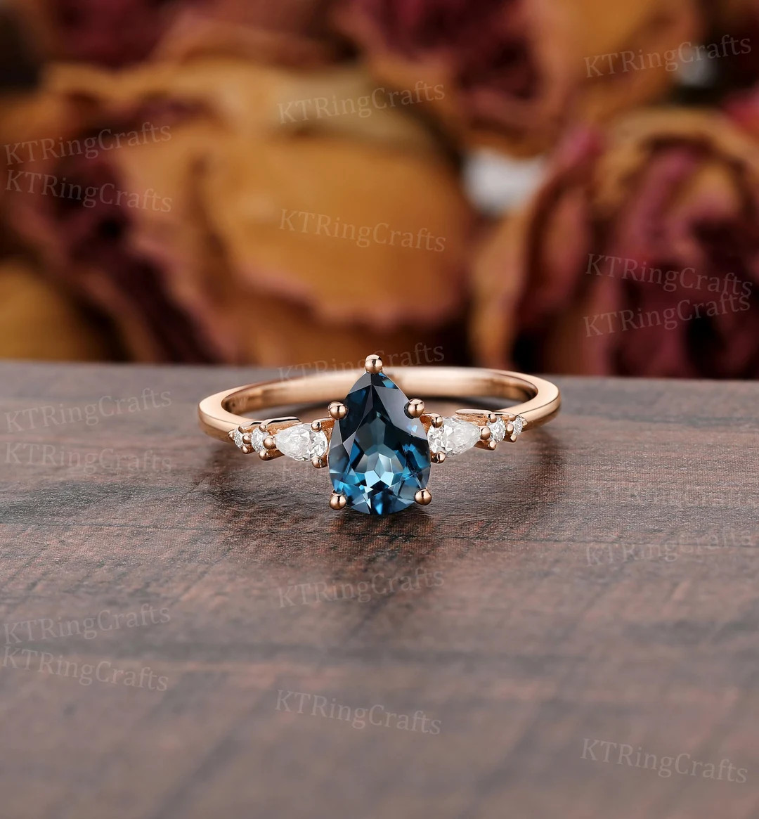 Vintage London Blue Topaz Engagement Ring,pear Blue Topaz Ring for Women,14k Rose Gold Diamond Cl... | Etsy (US)