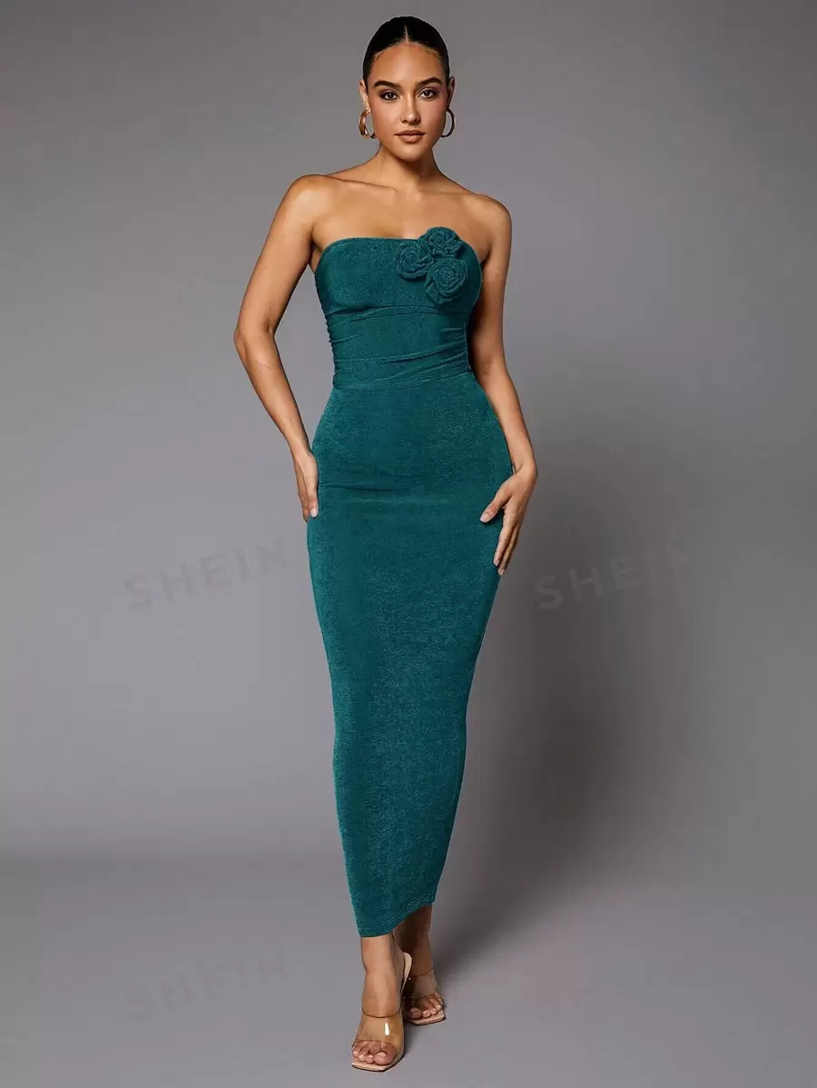 SHEIN BAE Solid 3D Rose Tube Top & Skirt | SHEIN