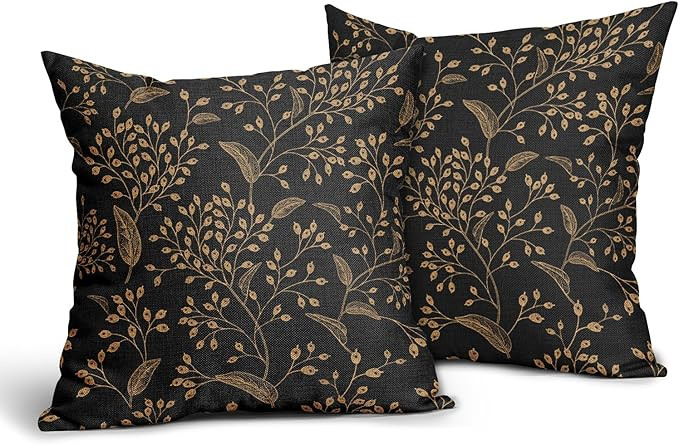 Boho Pillow Covers 18X18 Inch Set of 2 Black Gold Floral Leaves Decorative Pillow Cases Vintage F... | Amazon (US)