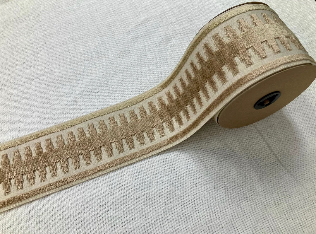 Cream & Beige Velvet Woven Embroidery Fabric Tape 3.5" Width Trim H-1108/1 Upholstery, Drapery, I... | Etsy (US)