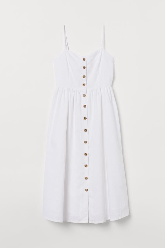 Calf-length dress in a woven linen and cotton blend. Gentle V-neck, narrow, adjustable shoulder s... | H&M (US + CA)