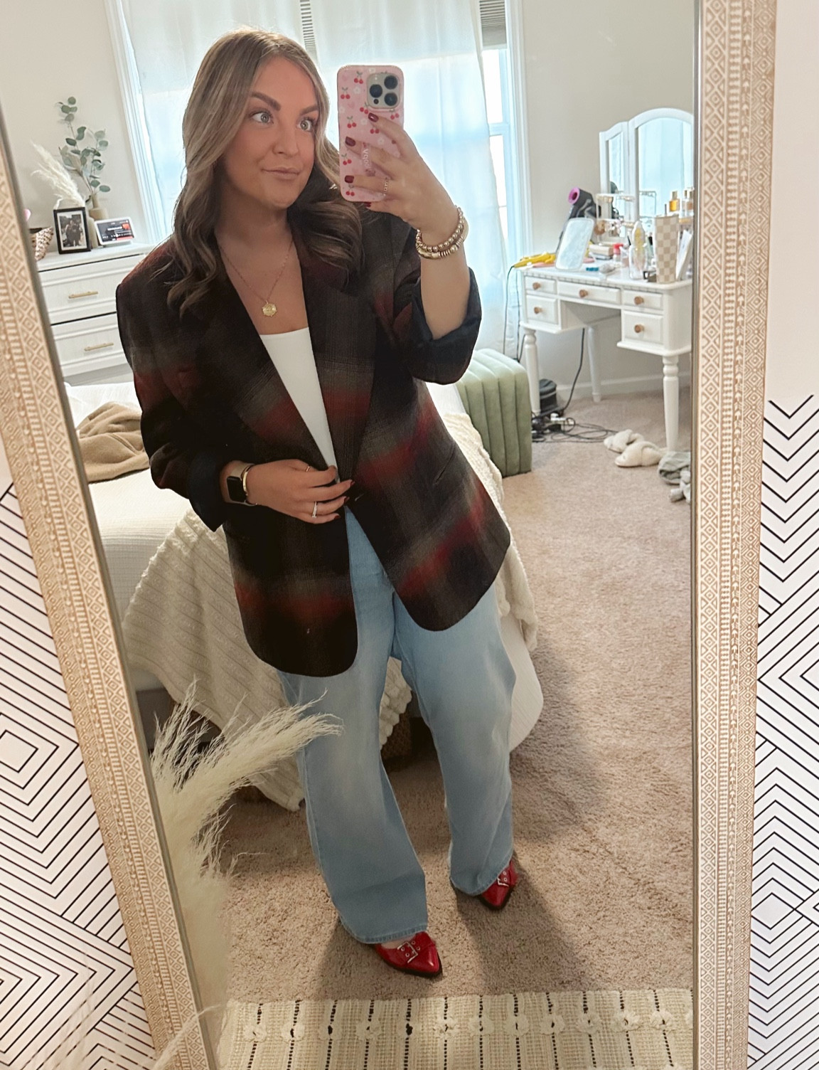 plaid vintage blazer | relaxed denim | white bodysuit | red shoes 

#LTKWorkwear #LTKShoeCrush #LTKHoliday
