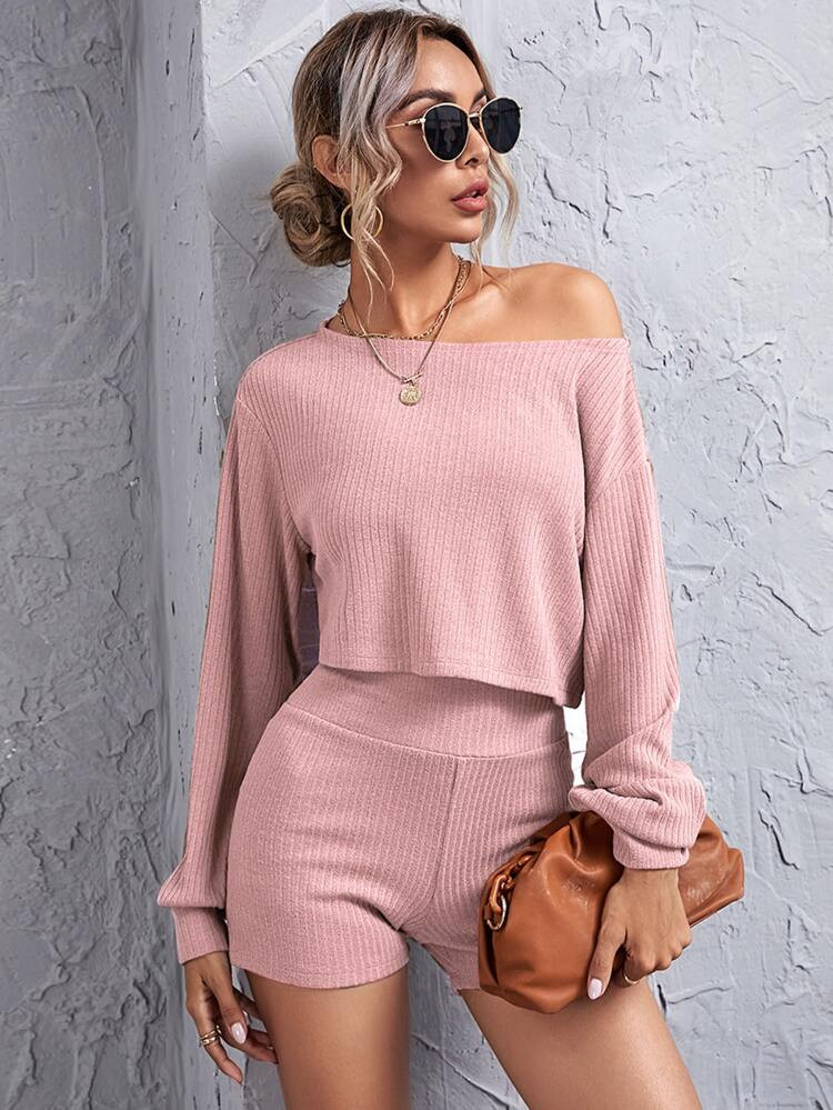 SHEIN Drop Shoulder Rib-knit Crop Top & Wide Waistband Shorts Set | SHEIN