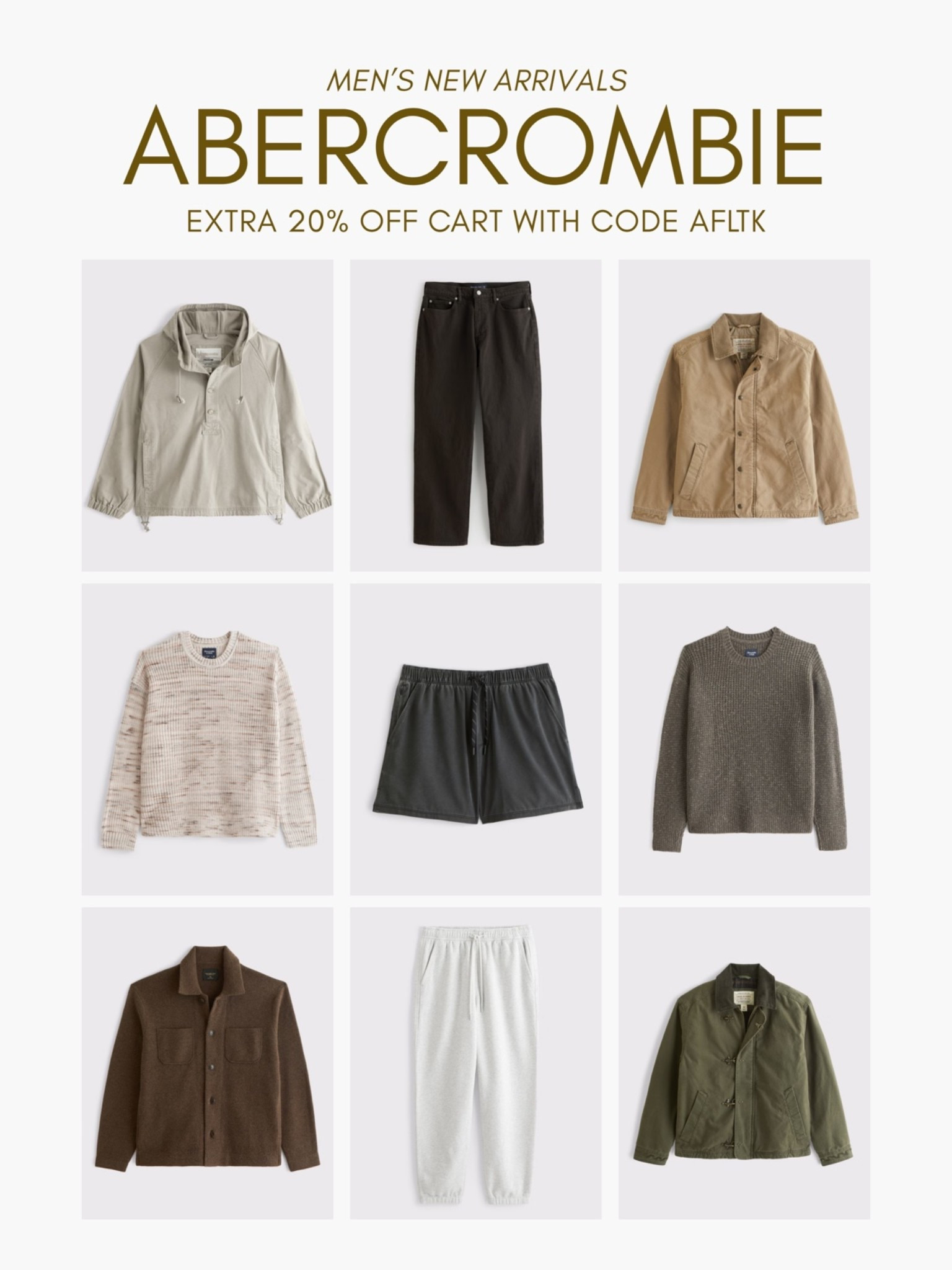 [10/10/26] @abercrombie men’s new arrivals on sale with code AFLTK! Linking some of Jake’s favorite styles + new styles for fall and winter.

[*Use code AFLTK to get an additional 20% off almost everything in stores and online at checkout from October 10, 2026 to October 11, 2026 in US/CA. Exclusions apply. See details online.]