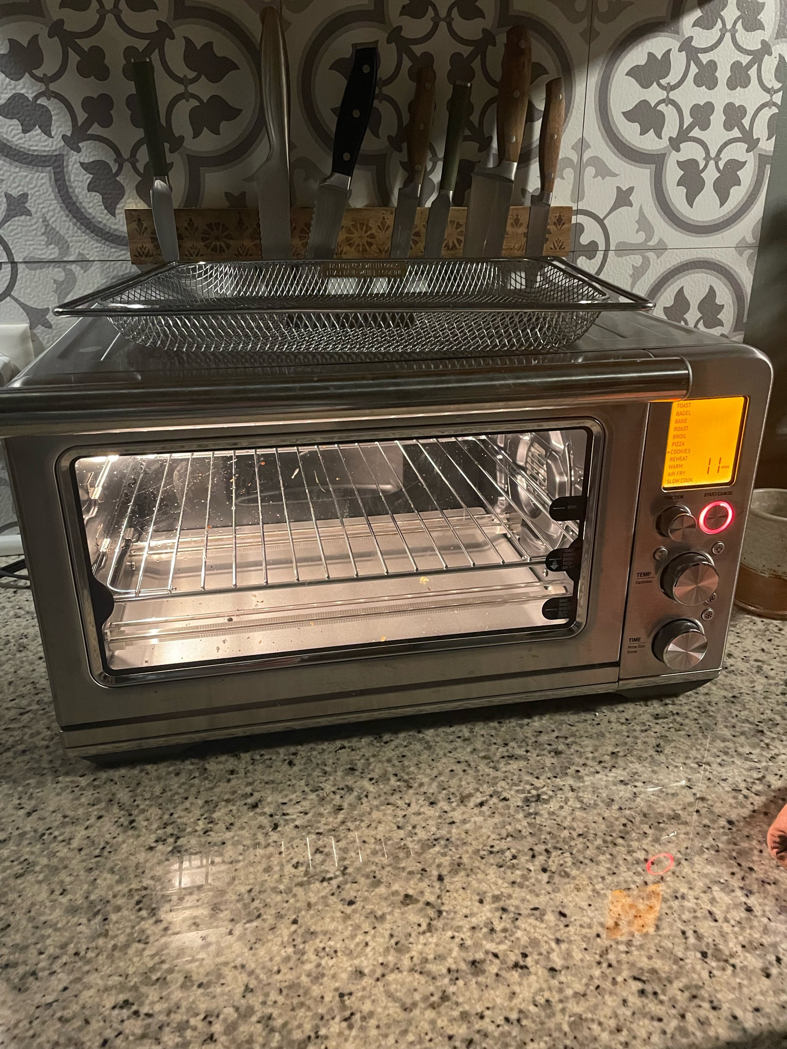 Breville smart oven that I use for everything! Toasts, bakes, broils, air-fries, roasts along with various other functions like cookies, pizza, slow cook, etc. 