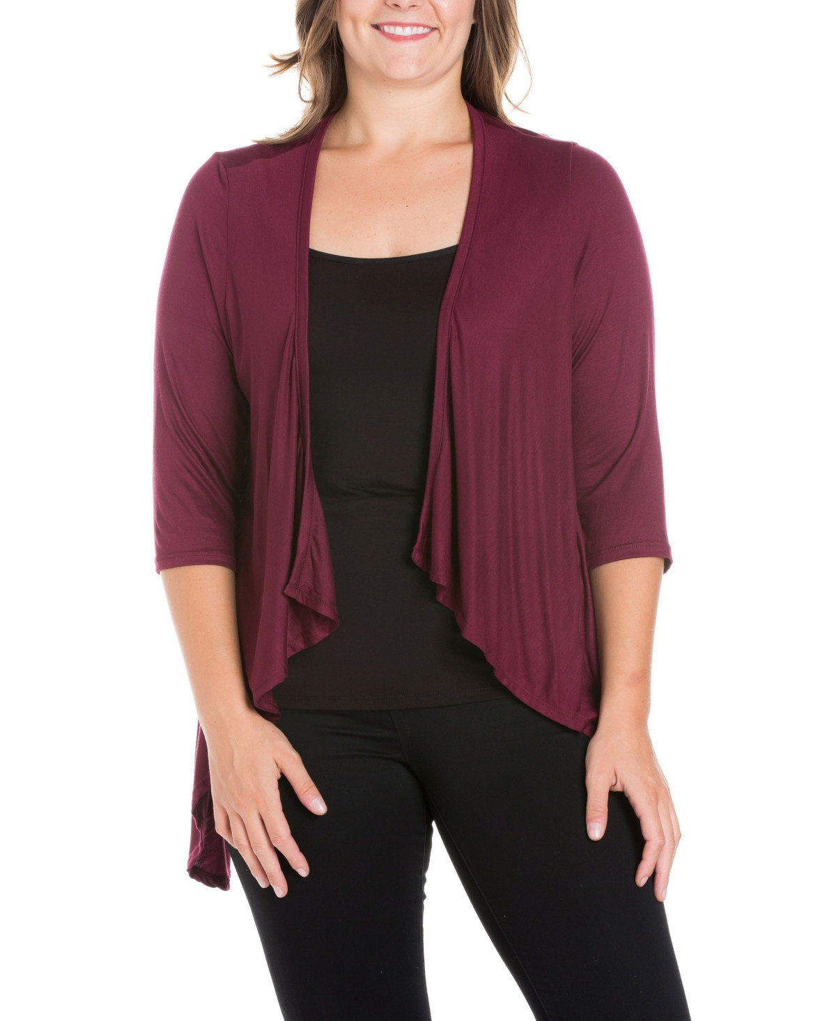 24seven Comfort Apparel Plus Size Elbow Length Sleeve Open Cardigan - Wine | Macy's