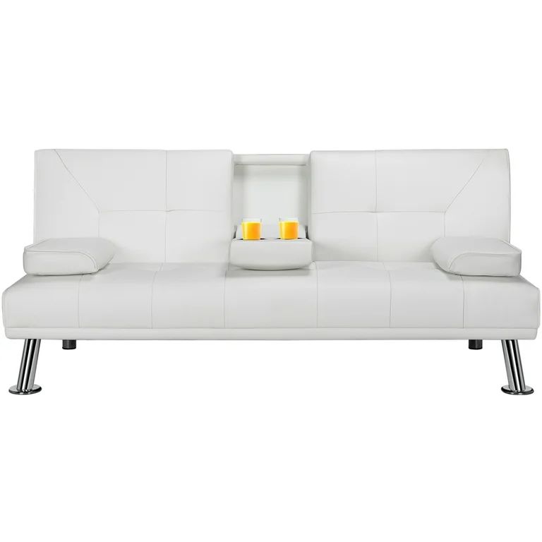 LuxuryGoods Modern Faux Leather Futon with Cupholders and Pillows, White | Walmart (US)