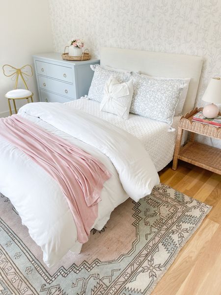 Girls room, pink and blue, blue floral wallpaper from Serena & Lily, organic bamboo white bedding, rattan nightstand, pink and blue rug, blue dresser 

#LTKkids #LTKstyletip #LTKhome