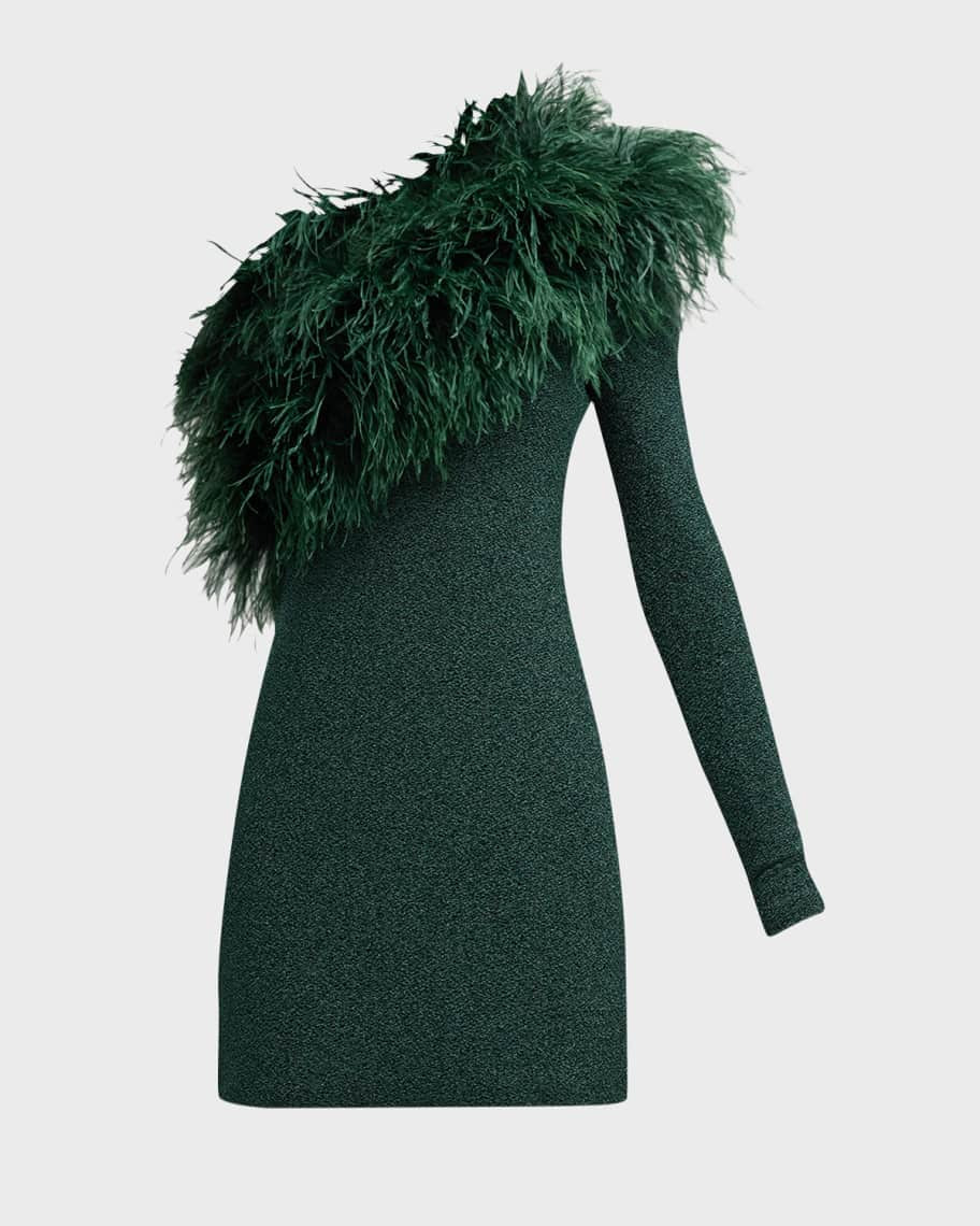 Feather-Trim Textured Metallic Jersey One-Shoulder Mini Dress | Neiman Marcus