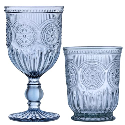 Yungala Blue Glassware Bundle - Blue Wine Glasses and Small Cups - Matching Glassware Sets with Sunflower Emboss Design | Amazon (US)