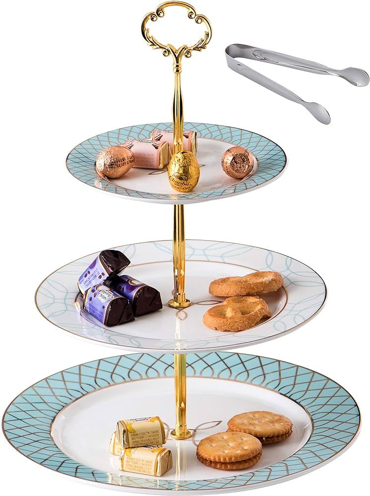 Jusalpha 3-tier Elegant Blue Ceramic Cake Stand/Cupcake Stand/Dessert Stand/Tea Party Pastry Serv... | Amazon (US)