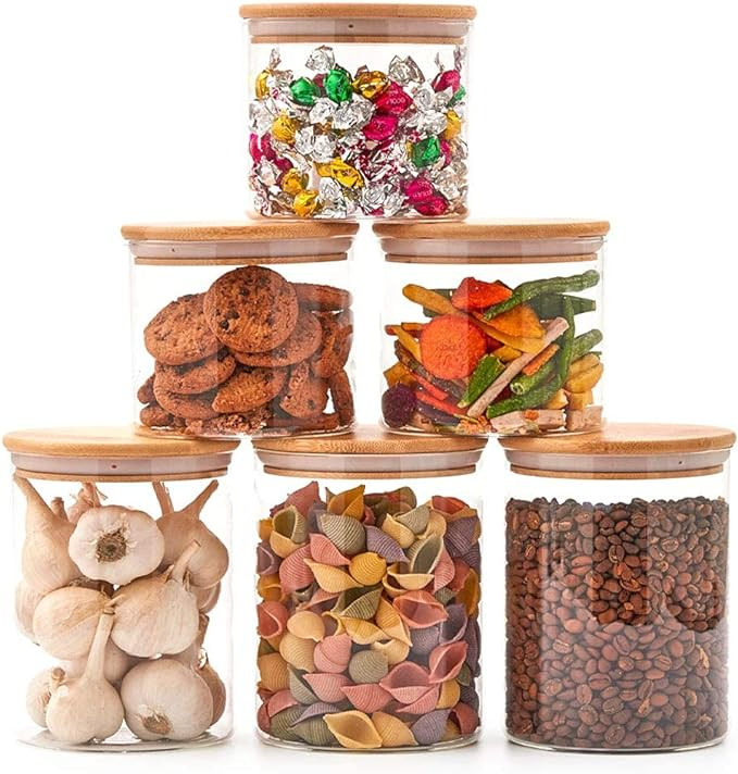 EZOWare Set of 6 Glass Food Jars with Airtight Natural Bamboo Lids, 30oz + 47oz Kitchen Clear Can... | Amazon (US)