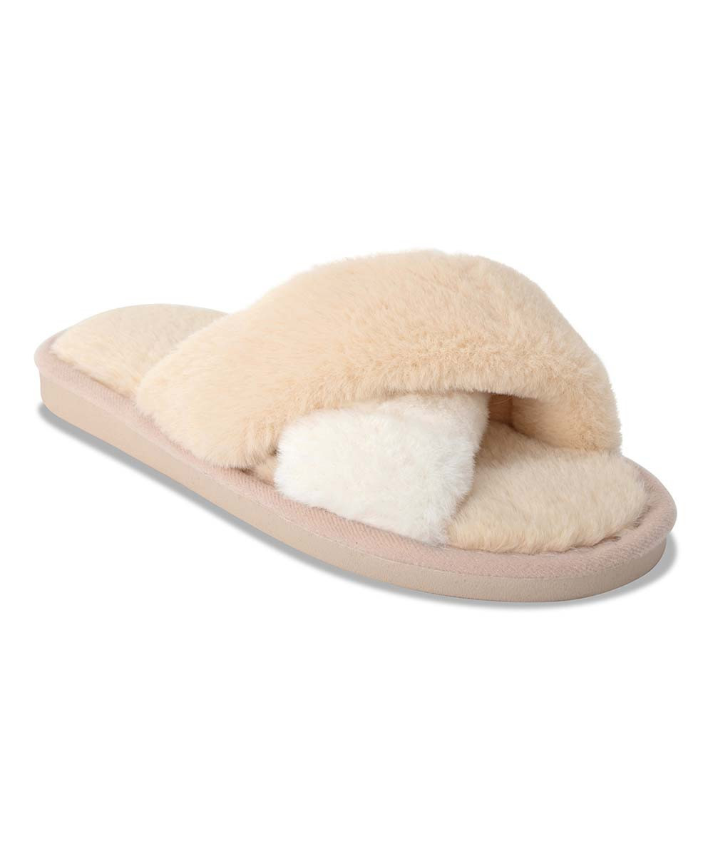 ASNY Collection Women's Slippers Beige/white - Beige & White Crisscross-Strap Faith Fuzzy Slipper -  | Zulily