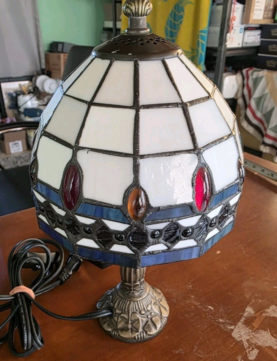 Tiffany Style Stained Glass Mini Table Lamp 12" Tall Red/Blue/Orange Colors | eBay US