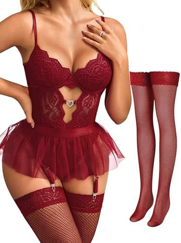 Womens Lingerie Set Sexy Lace Bodysuit with Detachable Mesh Mini Skirt Push up Garter Lingerie Se... | Amazon (US)