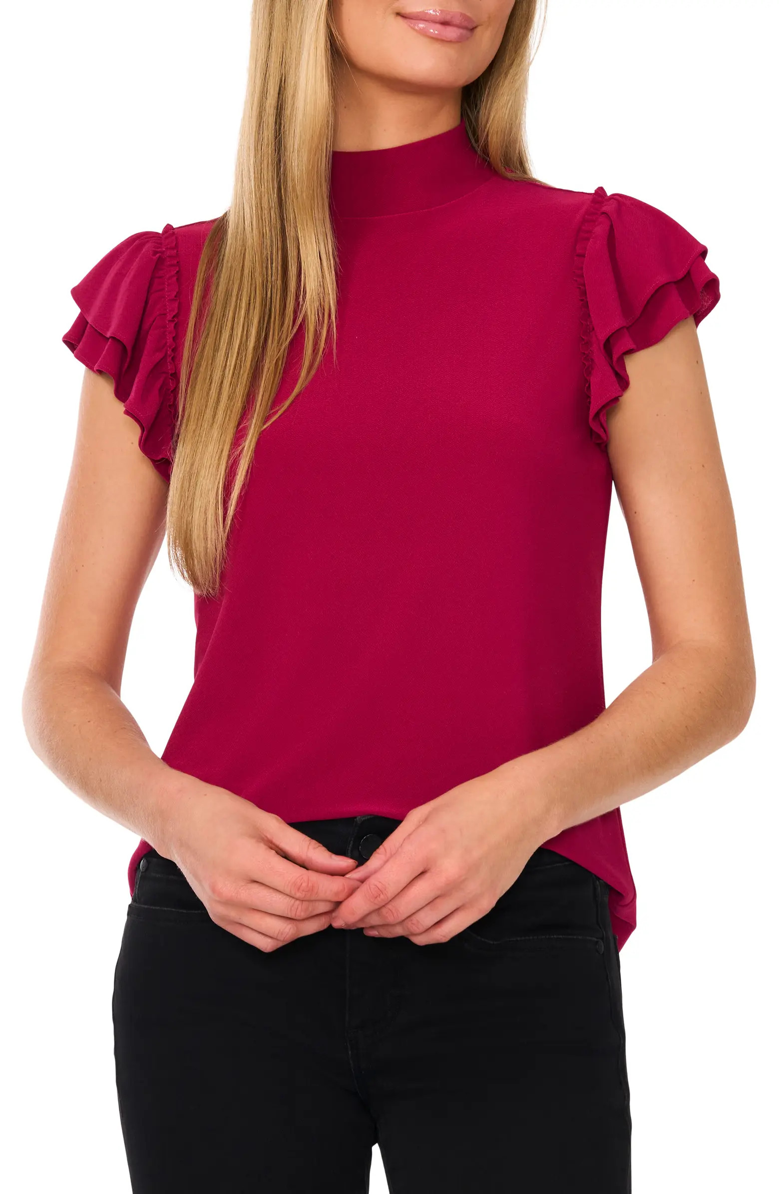 CeCe Double Ruffle Mixed Media Top | Nordstrom | Nordstrom