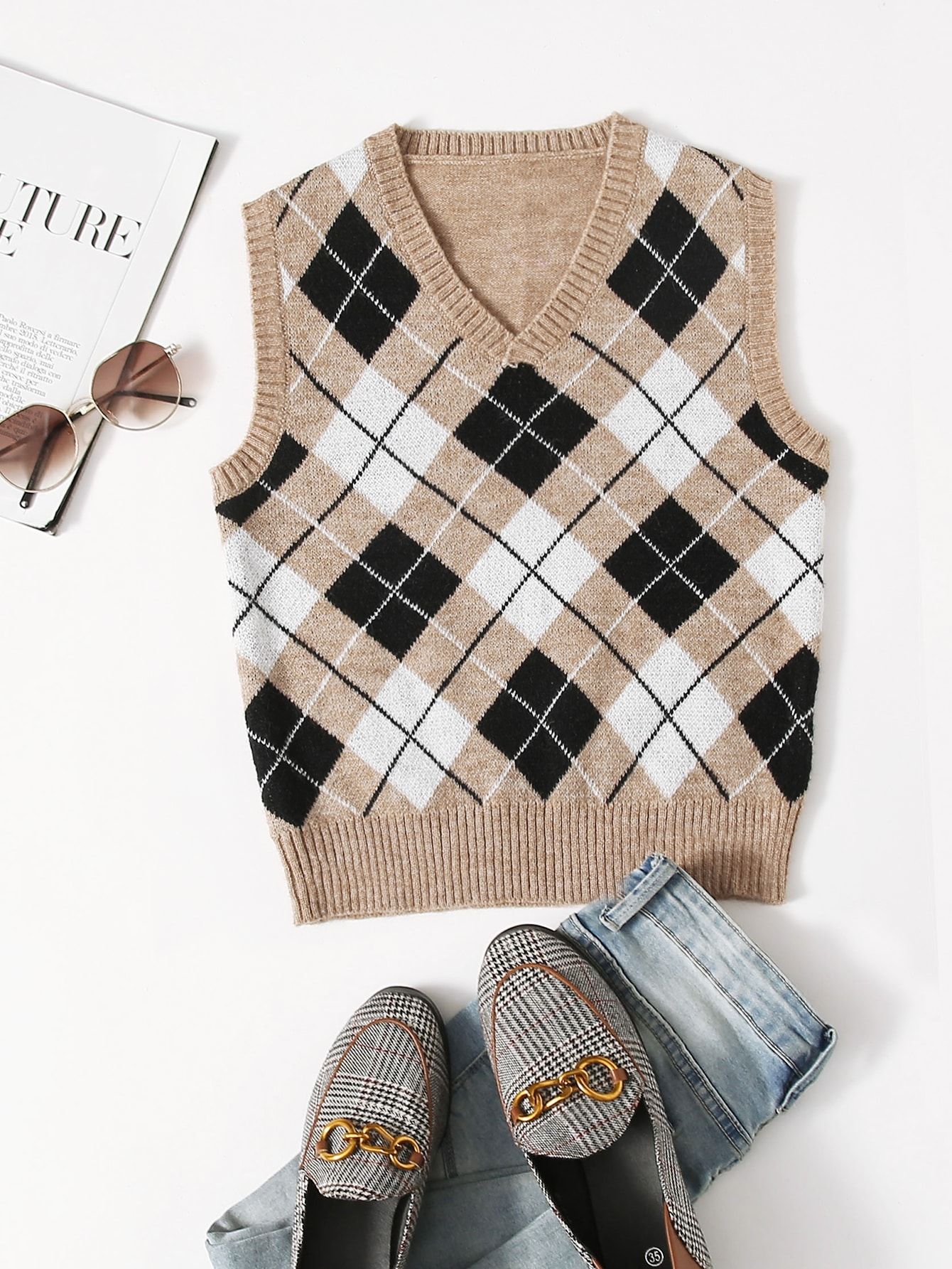 V-neck Argyle Pattern Sweater Vest | SHEIN