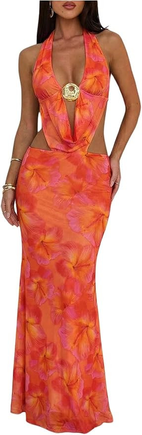 OYOANGLE Women's Floral Summer Wedding Guest Dress Draped Backless Mesh Bodycon Halter Maxi Dress... | Amazon (US)