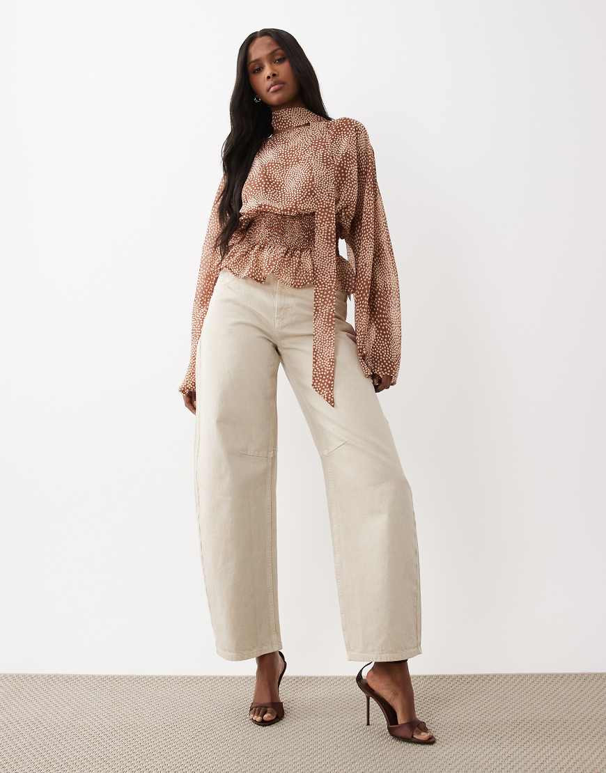 Gina Tricot long sleeve scarf blouse top in light brown polka dot | ASOS (Global)