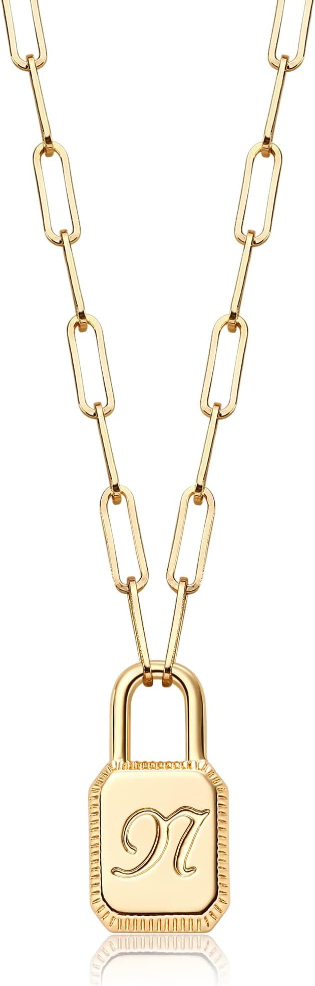 MTMY Lock Initial Necklaces,14K Gold Plated Adjustable Paperclip Chain Dainty Lock Necklace Perso... | Amazon (US)