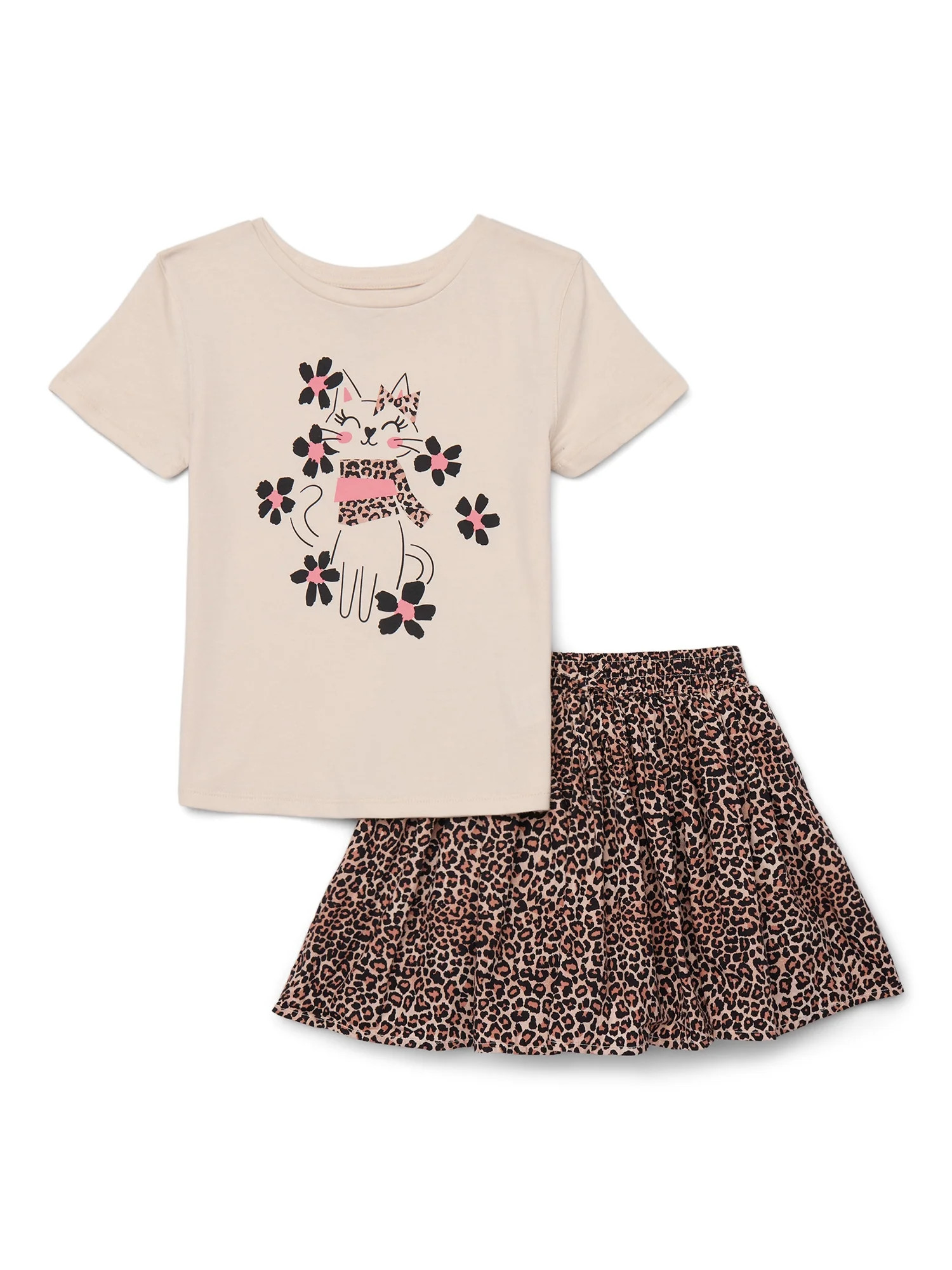 Wonder Nation Little Girls 2-Piece Short Sleeve Graphic Tee and Skirt Set, Sizes 4-10 | Walmart (US)